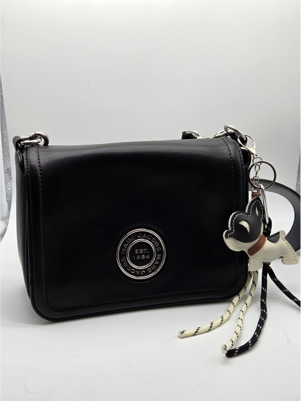 Marc Jacobs Black Leather Crossbody Shoulder Bag Silver Hardware Wide Strap